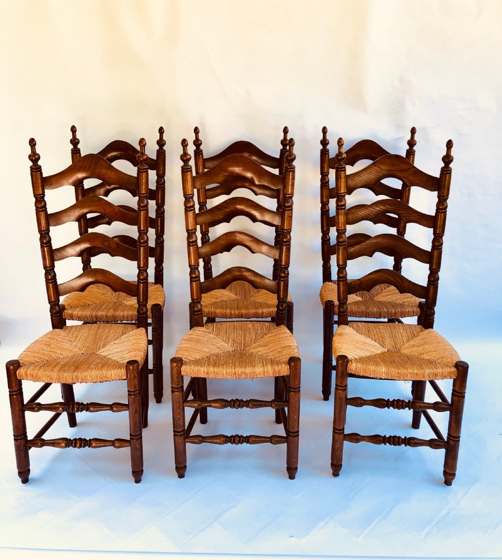 Quality Set of 6 French Ladder Back Oak Dining Chairs