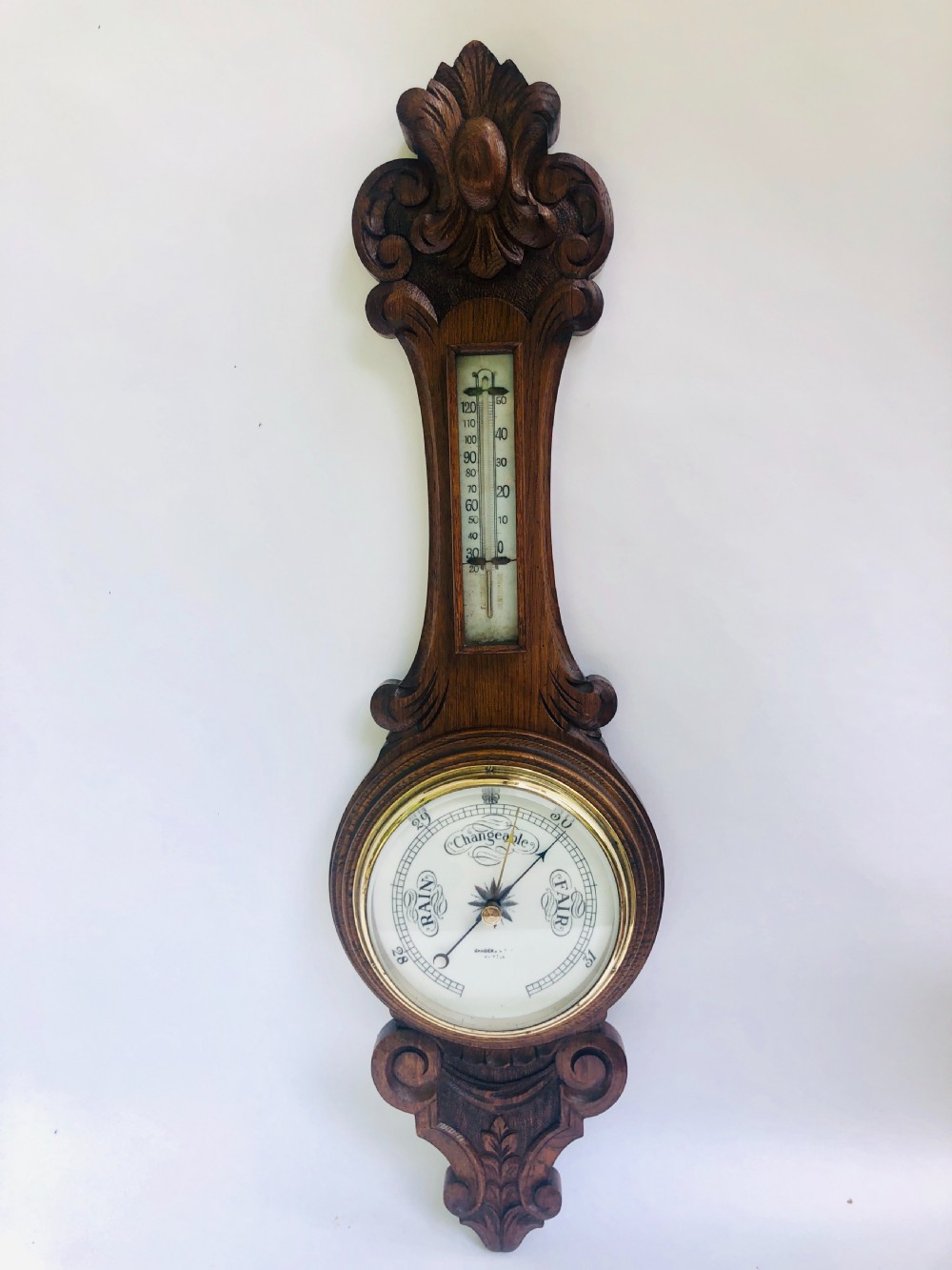 Antique Carved Walnut Aneroid Banjo Barometer