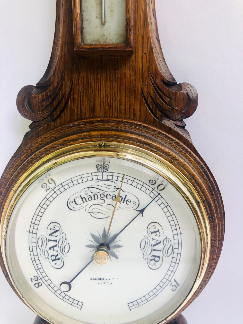 Antique Carved Walnut Aneroid Banjo Barometer View IV