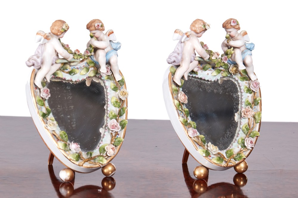 Pair of Antique Continental Porcelain Heart Shaped Mirrors