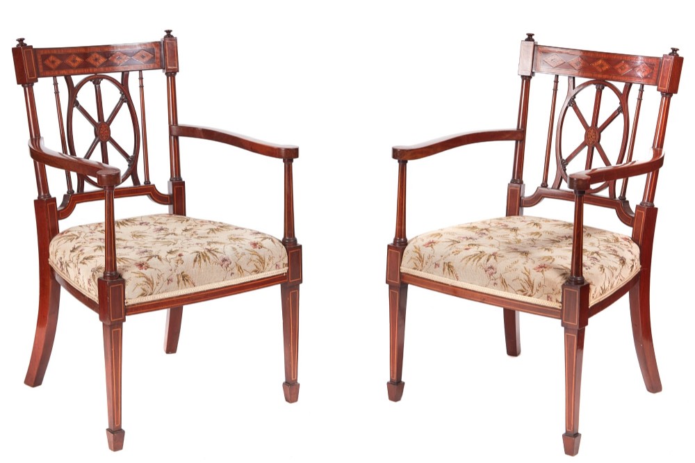 Quality Pair of Antique Mahogany Inlaid Arm/Desk Chairs