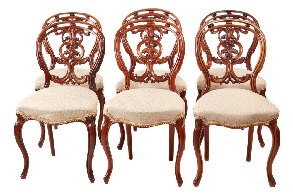 Quality Set of Six Victorian Antique Carved Walnut Dining Chairs