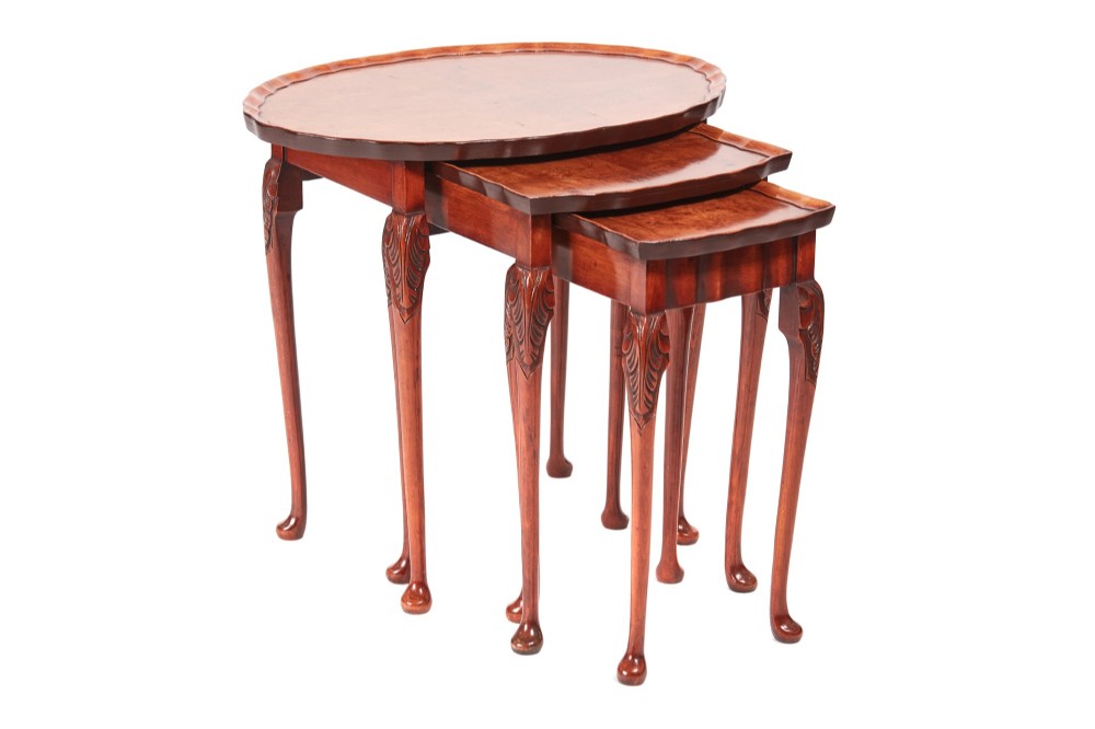 Quality Antique Burr Walnut Nest of Three Tables