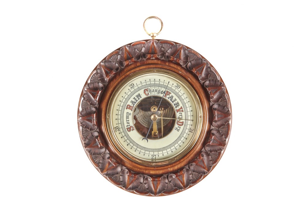 Quality Antique Aneroid Carved Walnut Round Barometer c.1880