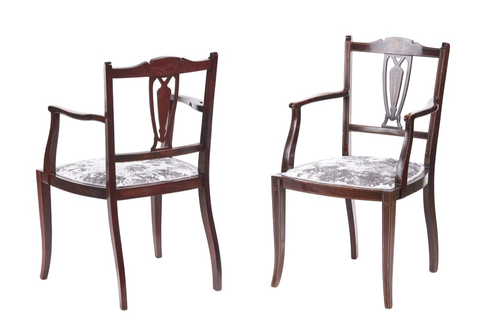 Pair of Antique Edwardian Mahogany Inlaid Armchairs