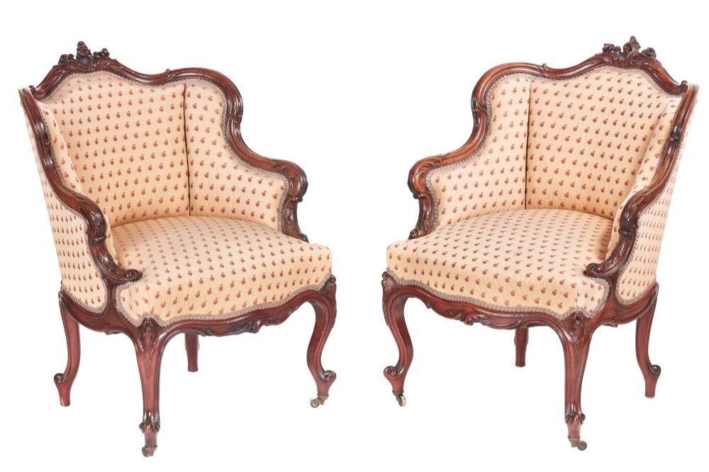 Fine Pair of Antique French Carved Walnut Library Chairs