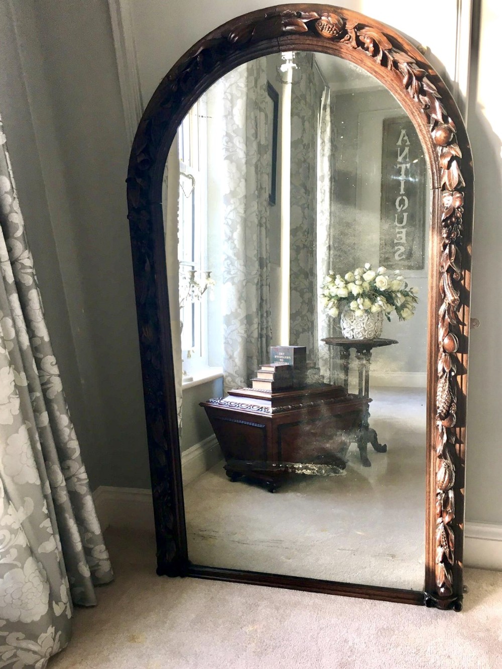  Antique 19th Century Victorian Carved Oak Wall Mirror