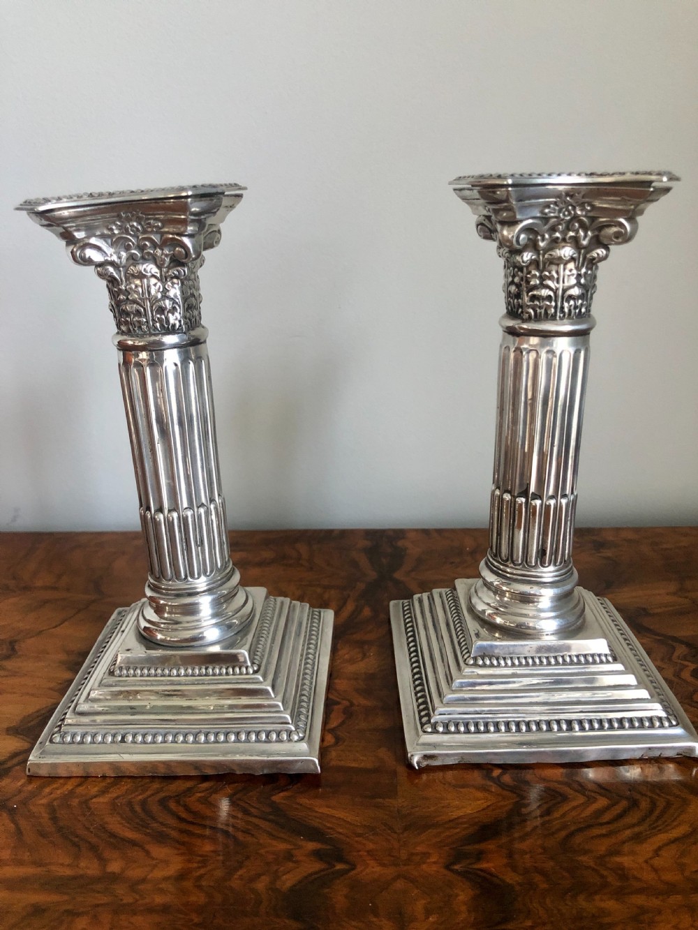 Pair of Edwardian Sterling Silver Corinthian Candlesticks By Nathan & Hayes