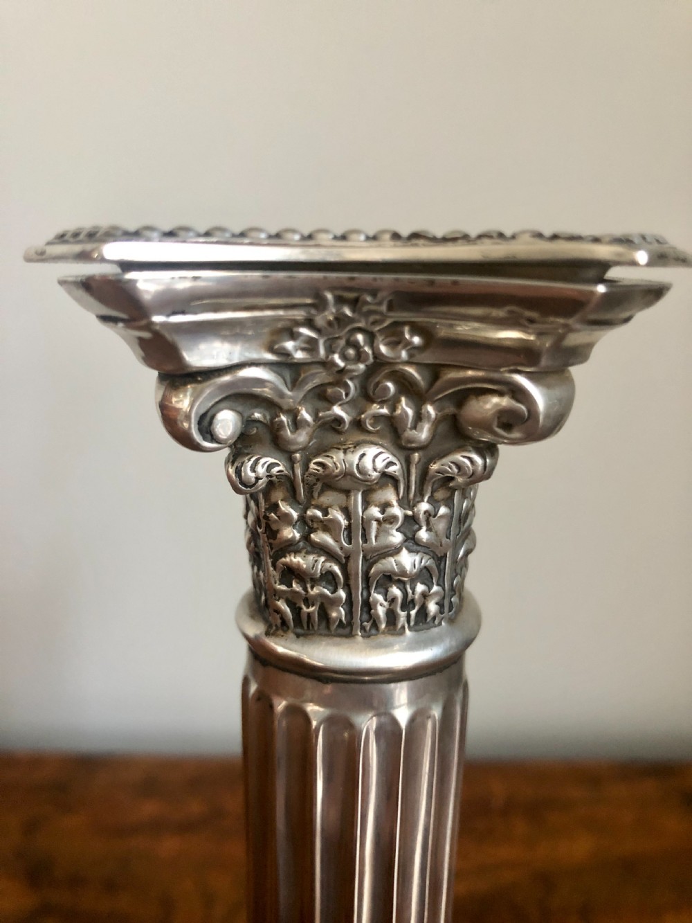 Pair of Edwardian Sterling Silver Corinthian Candlesticks By Nathan & Hayes View III
