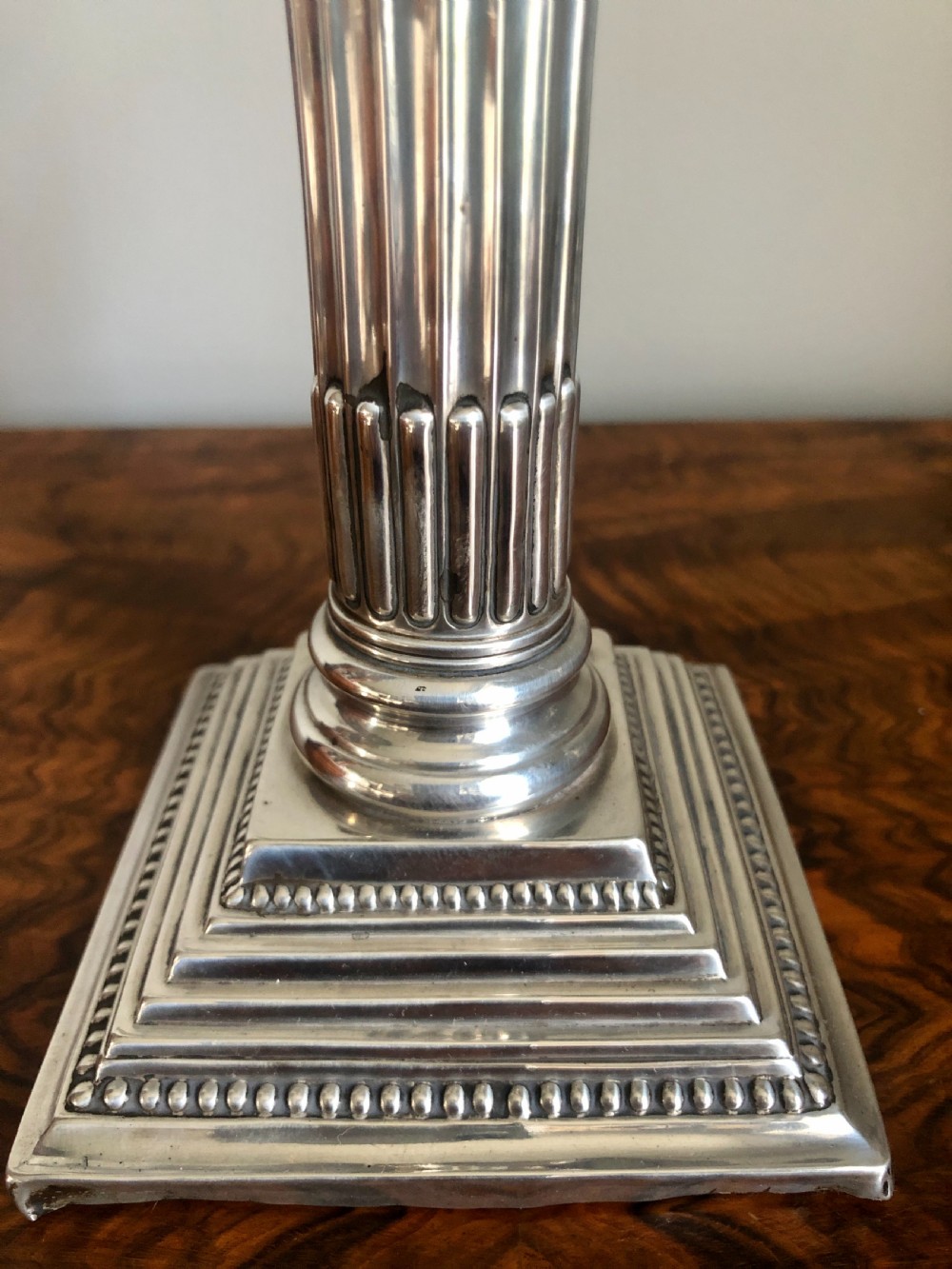 Pair of Edwardian Sterling Silver Corinthian Candlesticks By Nathan & Hayes View IV