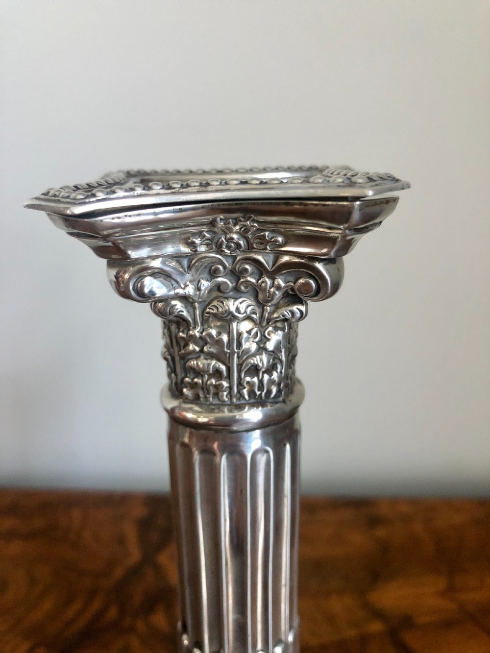 Pair of Edwardian Sterling Silver Corinthian Candlesticks By Nathan & Hayes View VI