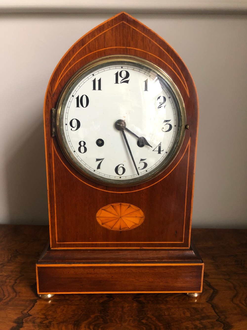 Edwardian Mahogany Lancet Top Mantel Clock