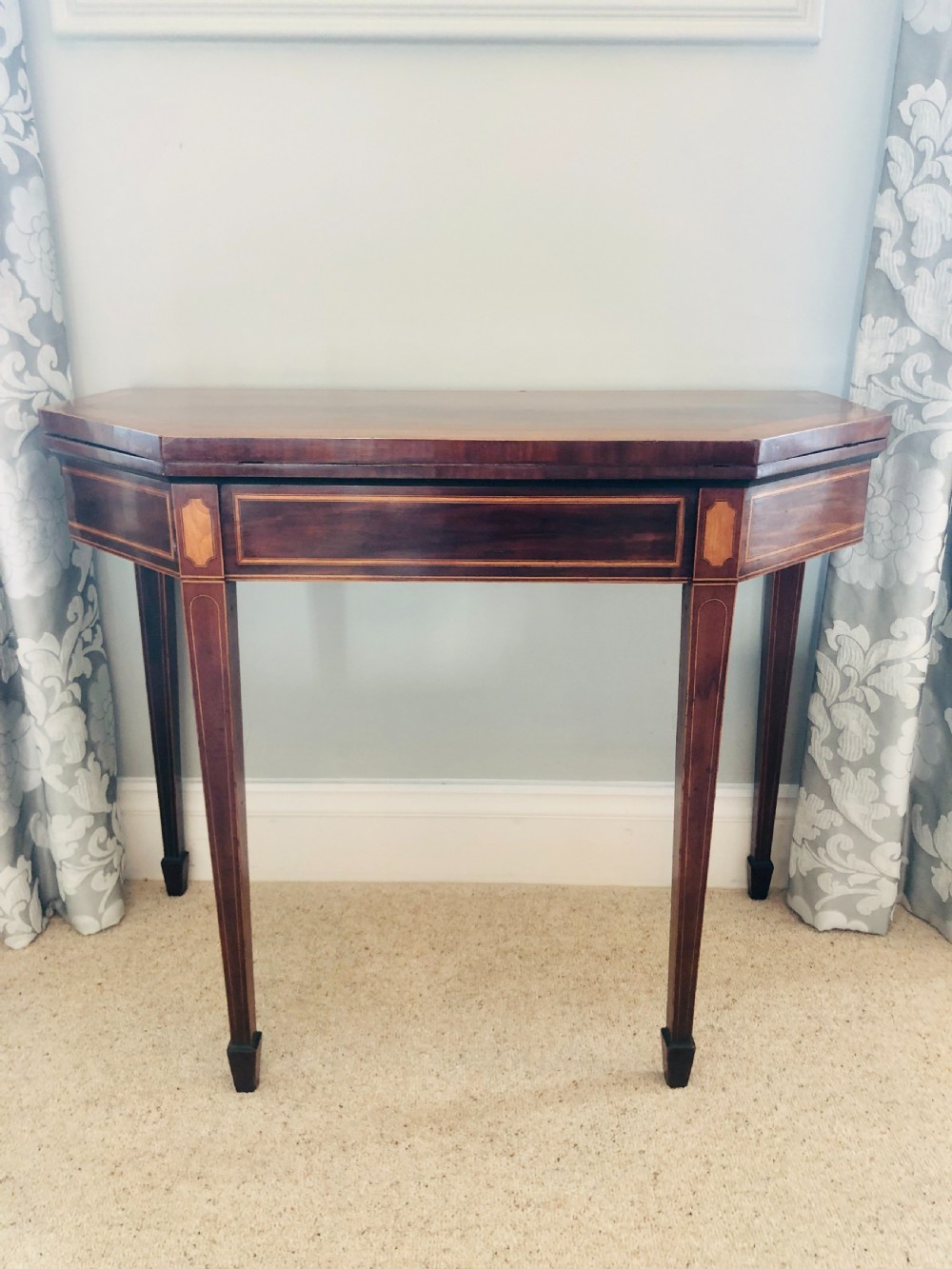 George III 18th Century Mahogany, Satinwood & Tulipwood Banded Fold Over Card Table
