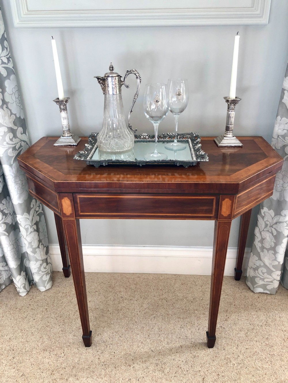 George III 18th Century Mahogany, Satinwood & Tulipwood Banded Fold Over Card Table View II