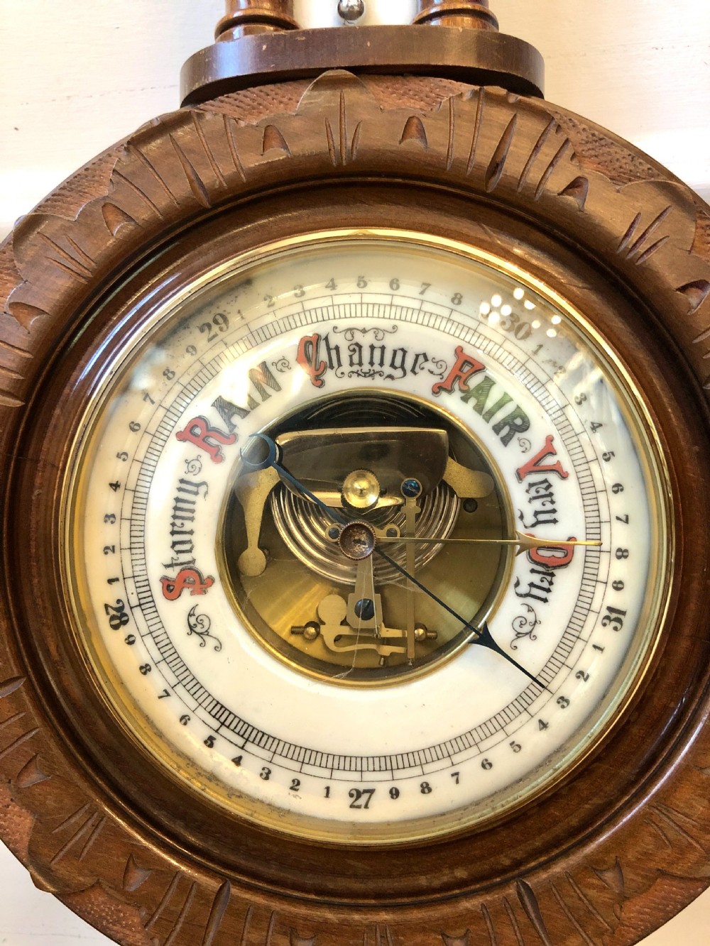 Small Victorian Walnut Aneroid Wheel Barometer View IV
