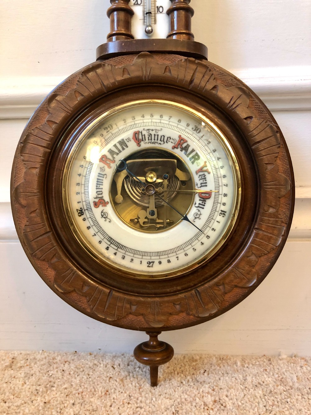 Small Victorian Walnut Aneroid Wheel Barometer View V