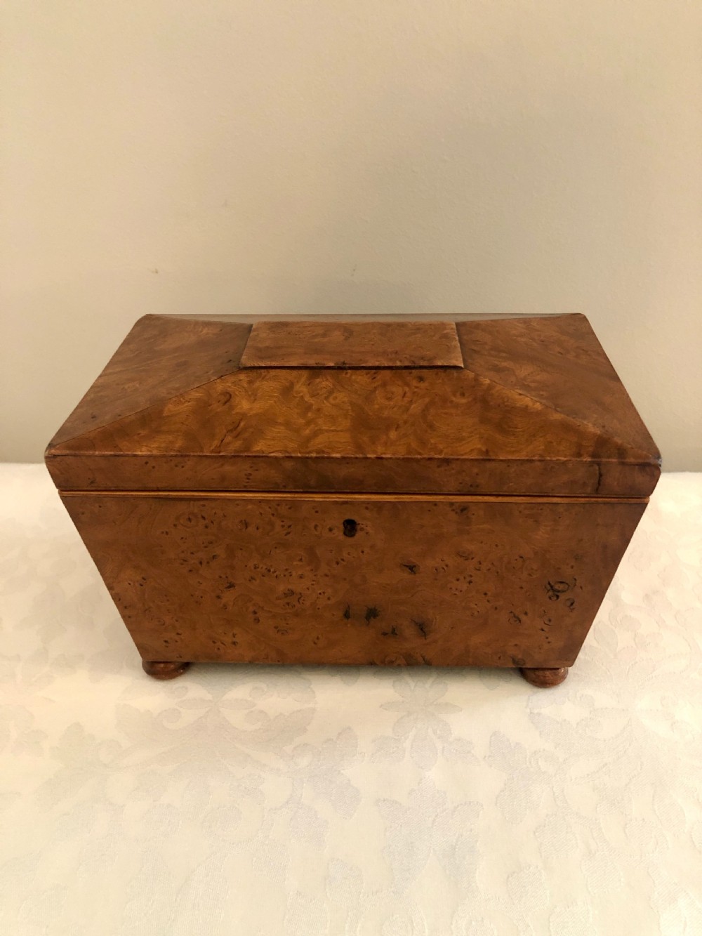  Antique Regency Sarcophagus Shaped  Burr Elm Tea Caddy