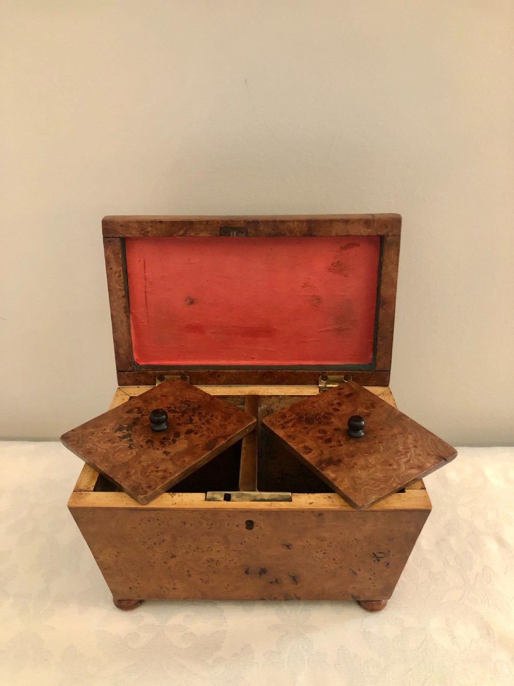  Antique Regency Sarcophagus Shaped  Burr Elm Tea Caddy View IV