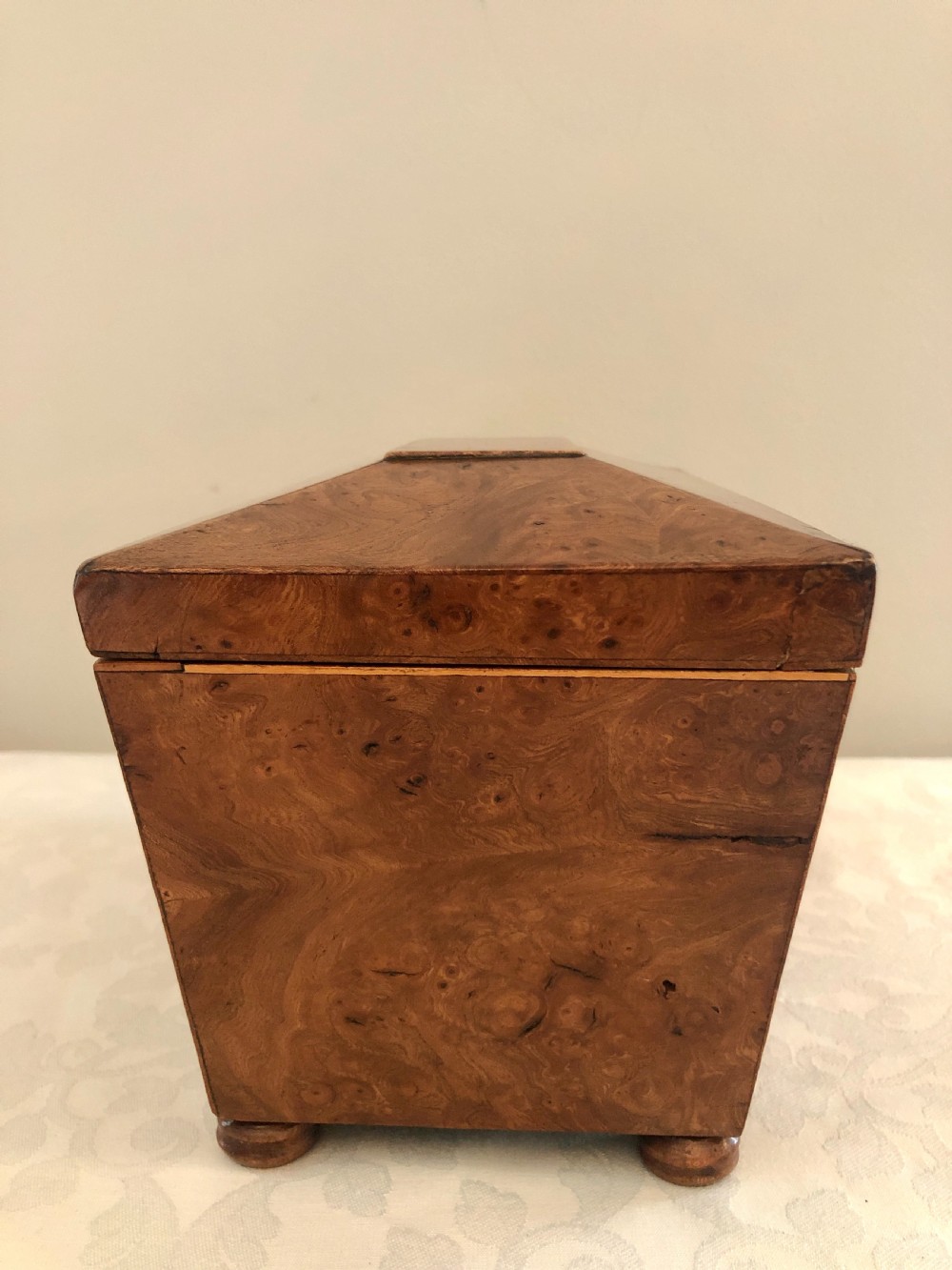  Antique Regency Sarcophagus Shaped  Burr Elm Tea Caddy View IX