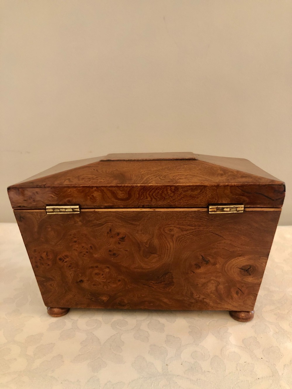  Antique Regency Sarcophagus Shaped  Burr Elm Tea Caddy View X
