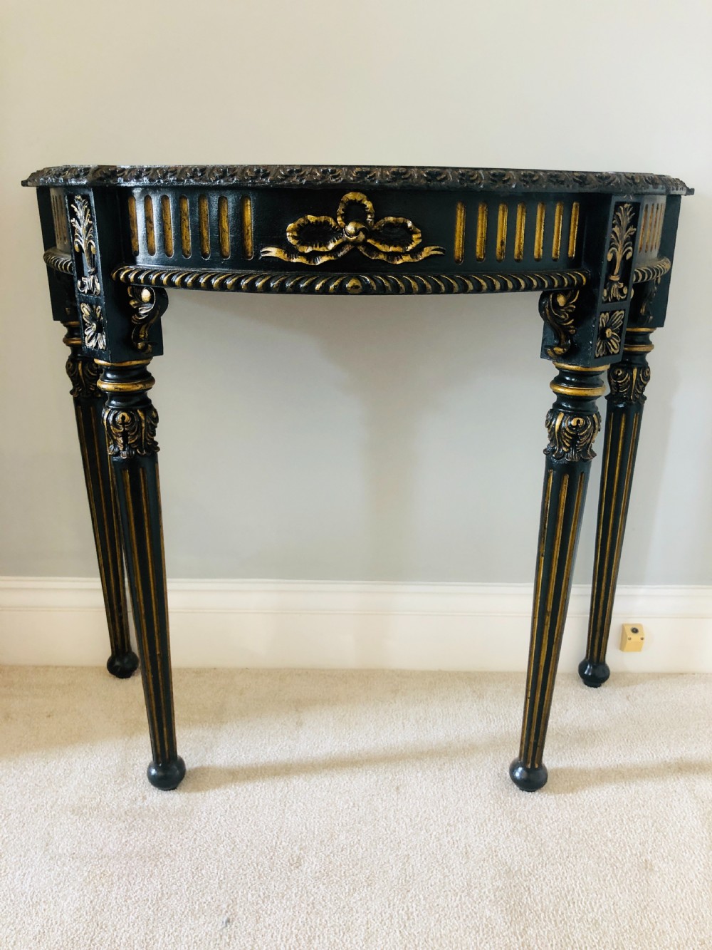 Fine Carved French Demi Lune Shaped Ebonised Console Table View III