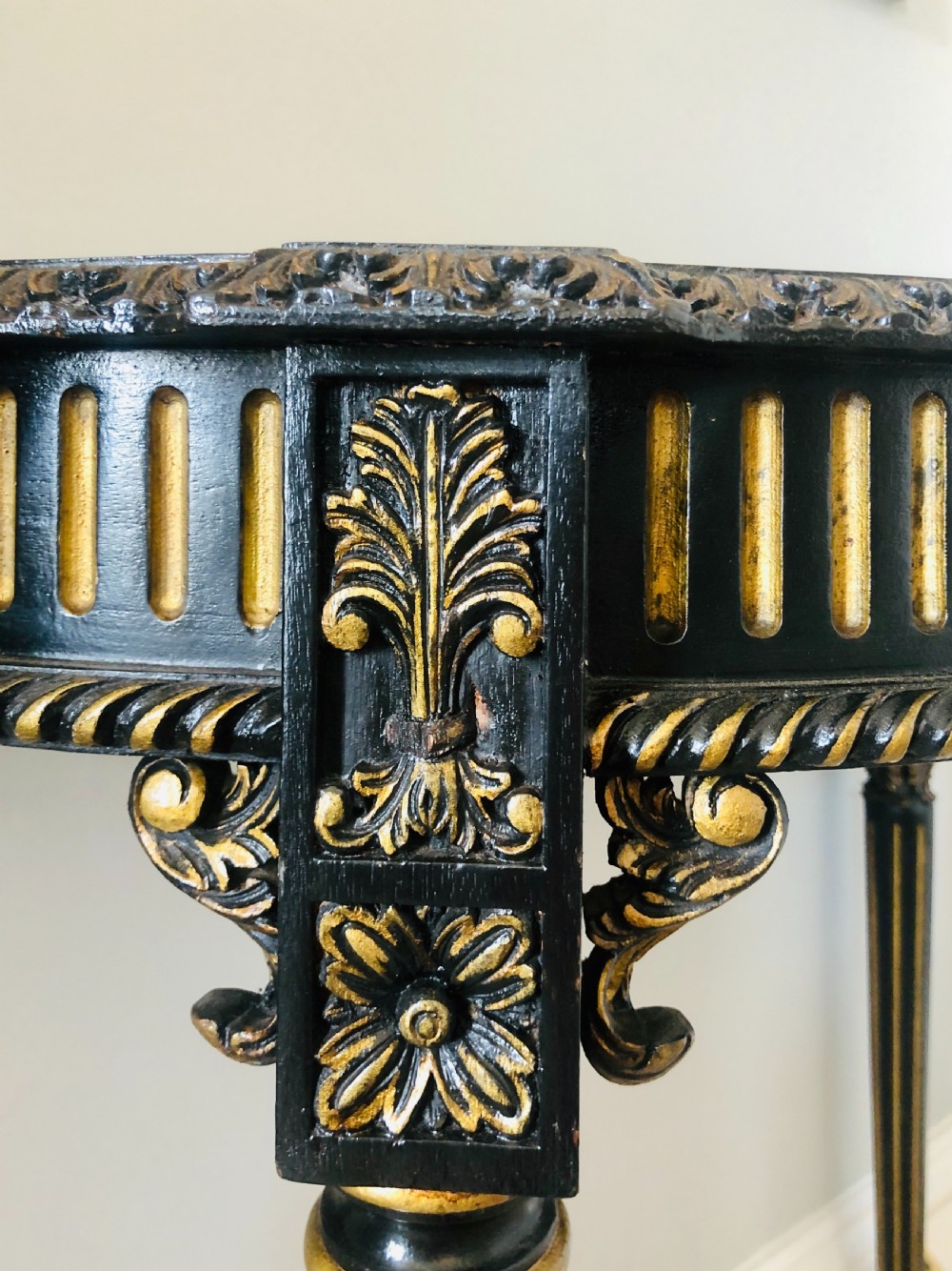 Fine Carved French Demi Lune Shaped Ebonised Console Table View IV
