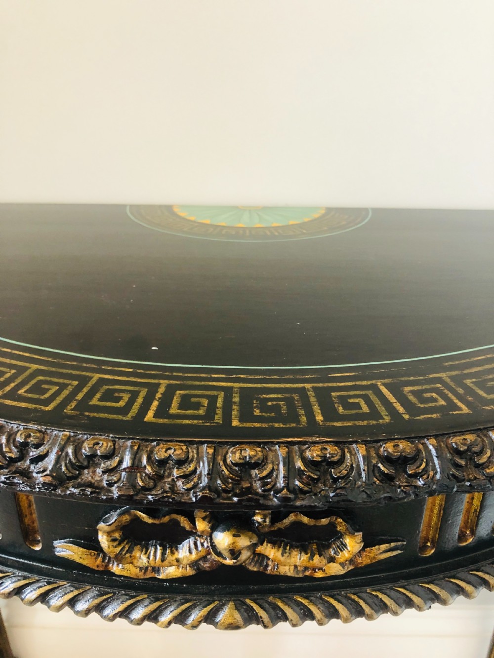 Fine Carved French Demi Lune Shaped Ebonised Console Table View IX
