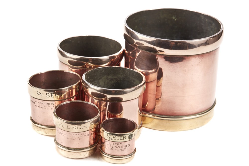 Unusual Set of Six Antique Graduated Copper & Brass Vessels