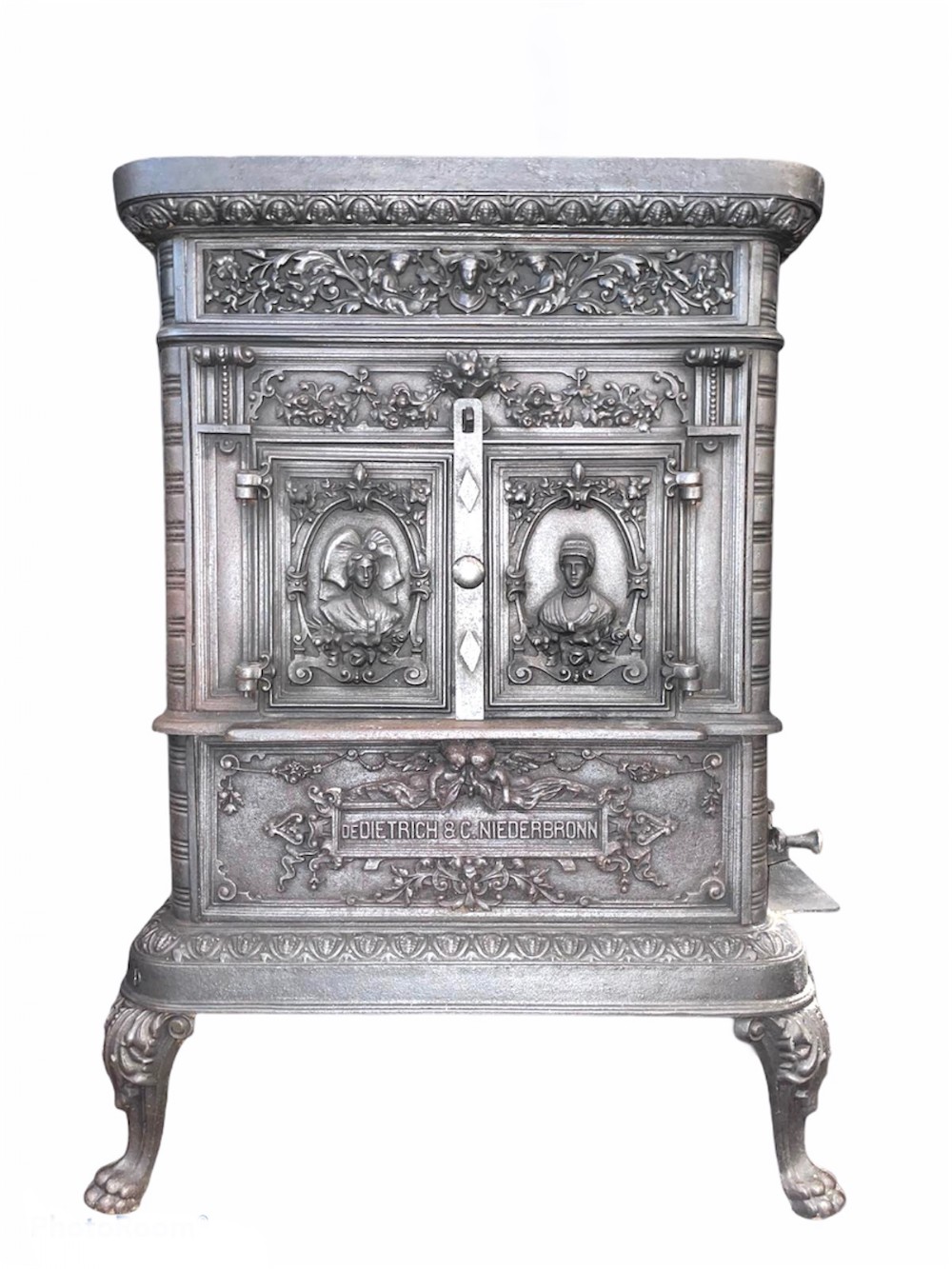Antique Victorian Ornate Cast Iron Wood Burning Stove by De Dietrich & Nied