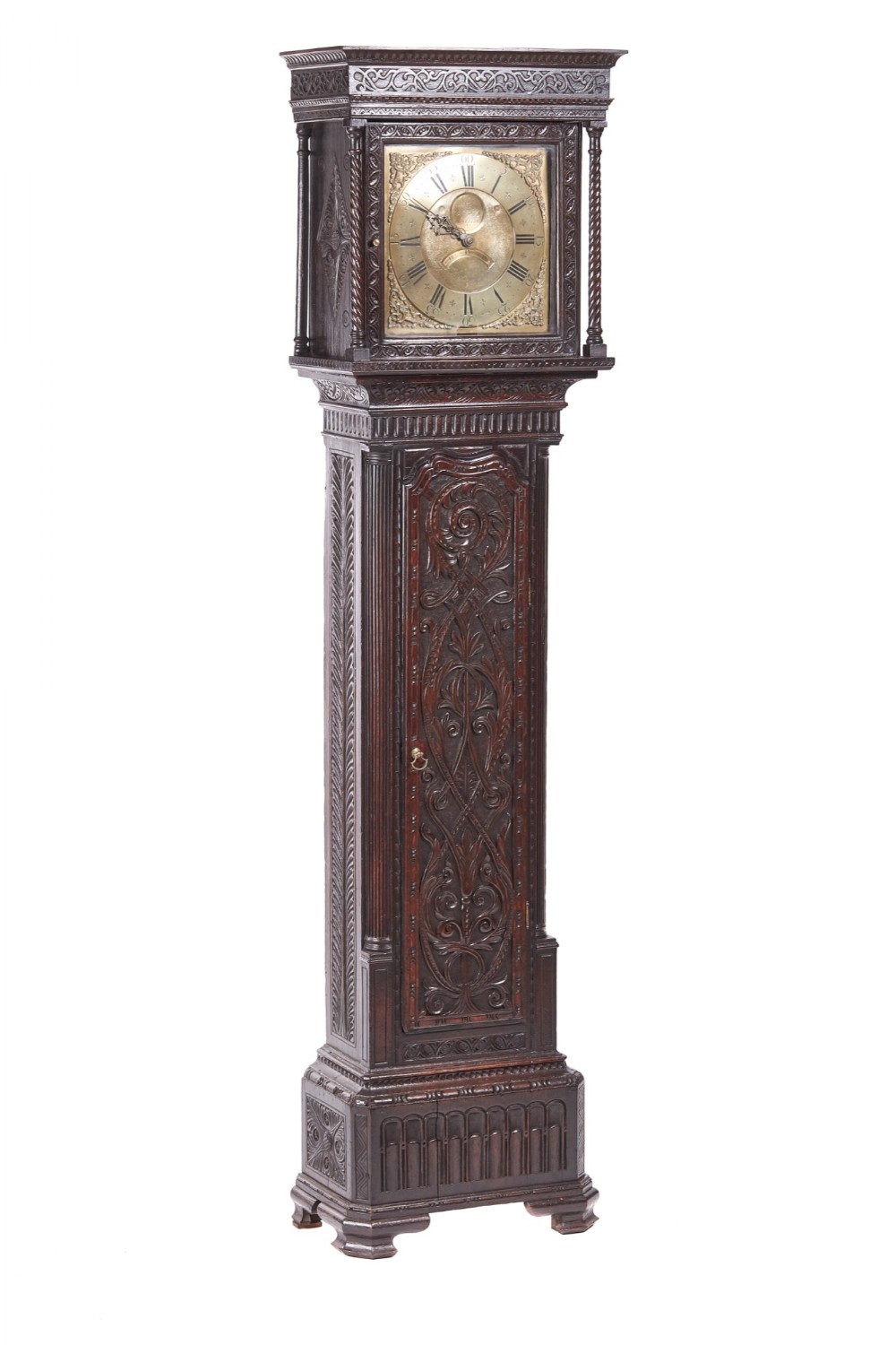 Outstanding Quality Antique Carved Oak Brass Face Longcase Clock Hugh Lough, Penrith