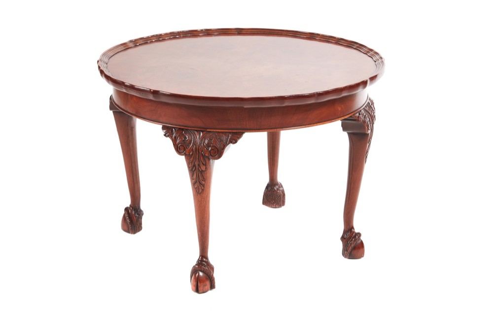 Round Burr Walnut Pie Crust Top Coffee Table c.1920