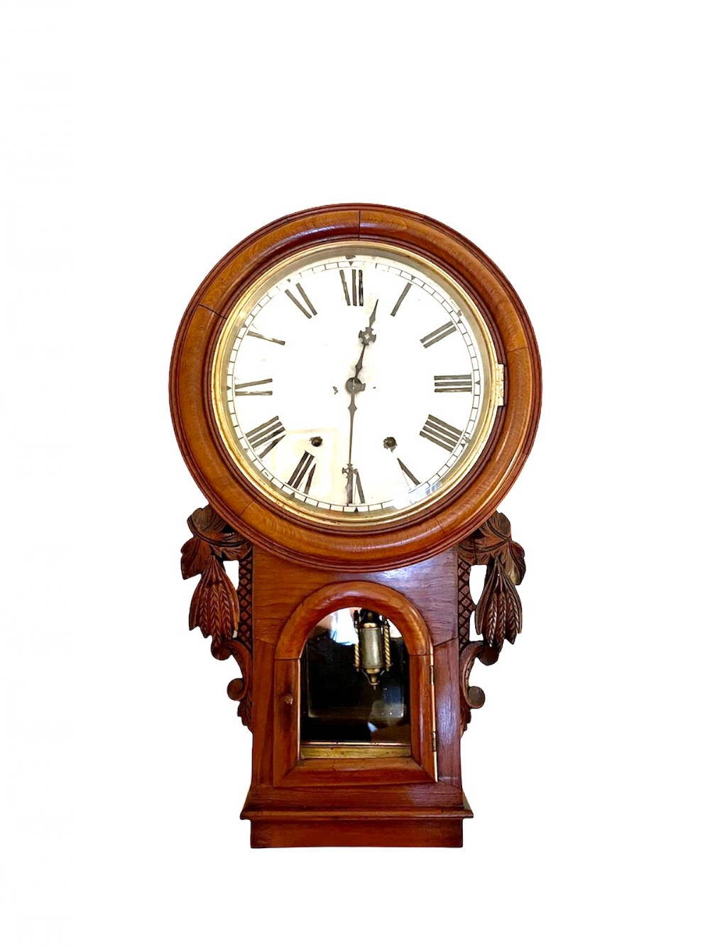 Antique Victorian Carved Walnut Eight Day Wall Clock