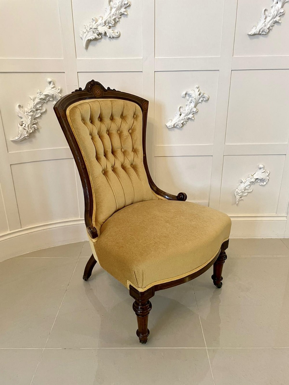 19th Century Antique Victorian Walnut Inlaid Ladies Chair