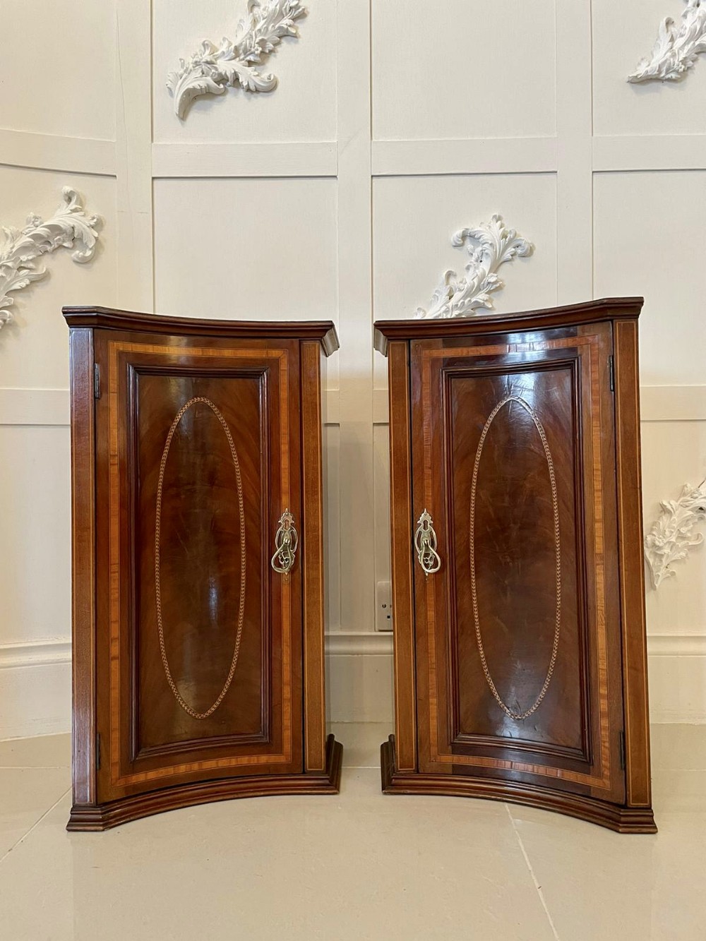  Pair of Antique Victorian Inlaid Mahogany Shaped Bedside Cabinets