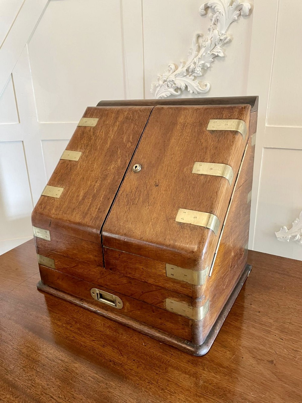Antique Victorian Figured Oak Military Stationery Box