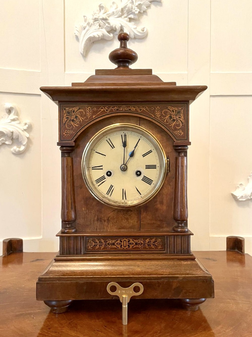 Antique Victorian Inlaid Walnut Eight Day Mantel Clock