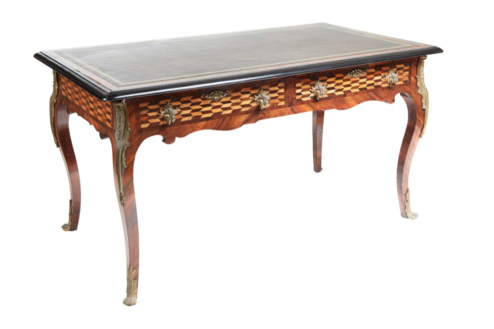 Fine French Antique Parquetry and Ormolu-Mounted Bureau Plat Desk