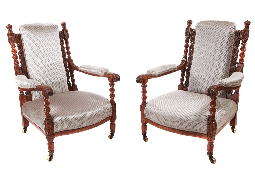 Fine Pair of Antique Victorian Carved Oak Armchairs 
