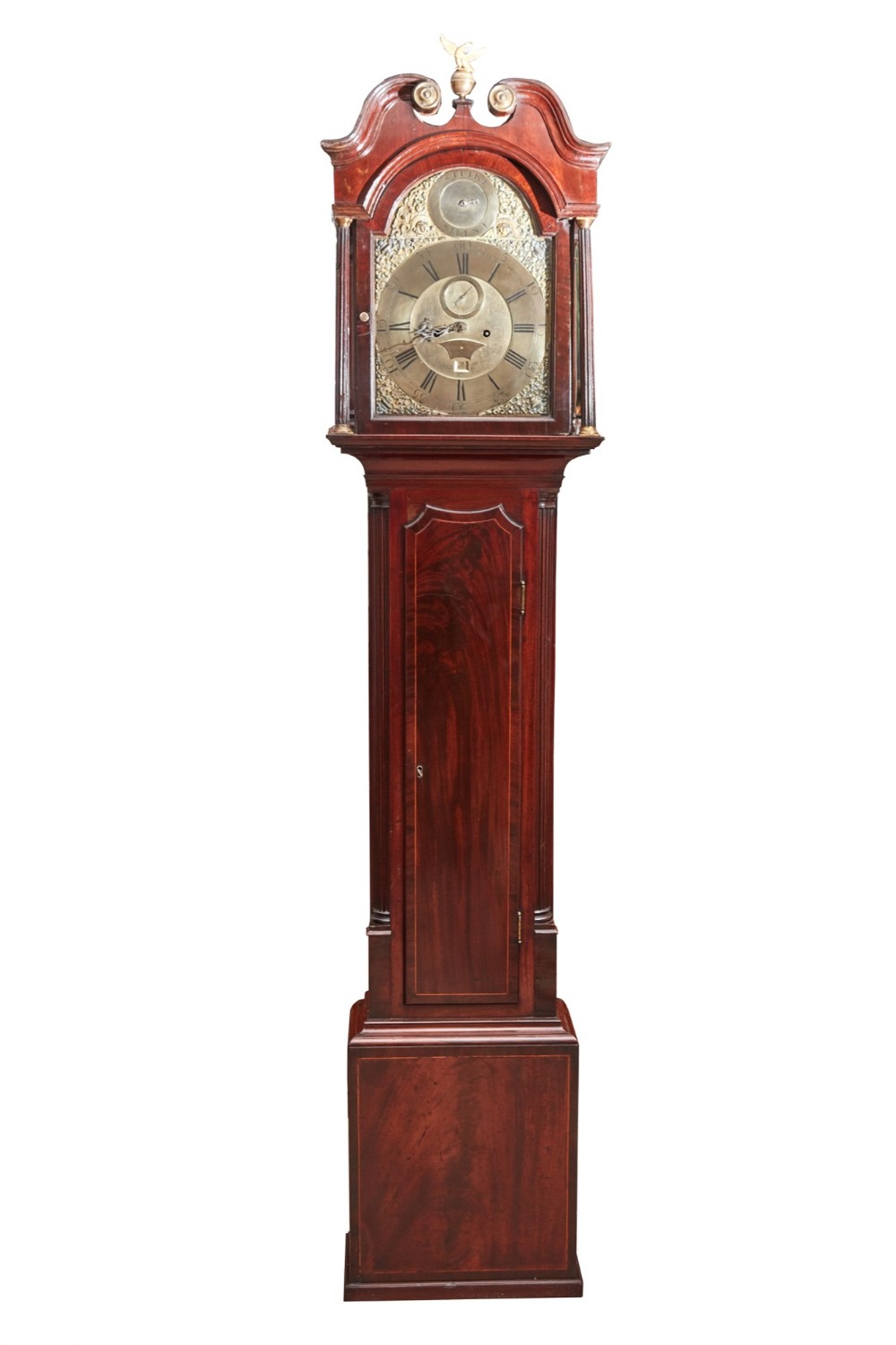 Outstanding 18th Century Mahogany Inlaid Brass Face Eight Day Grandfather Clock
