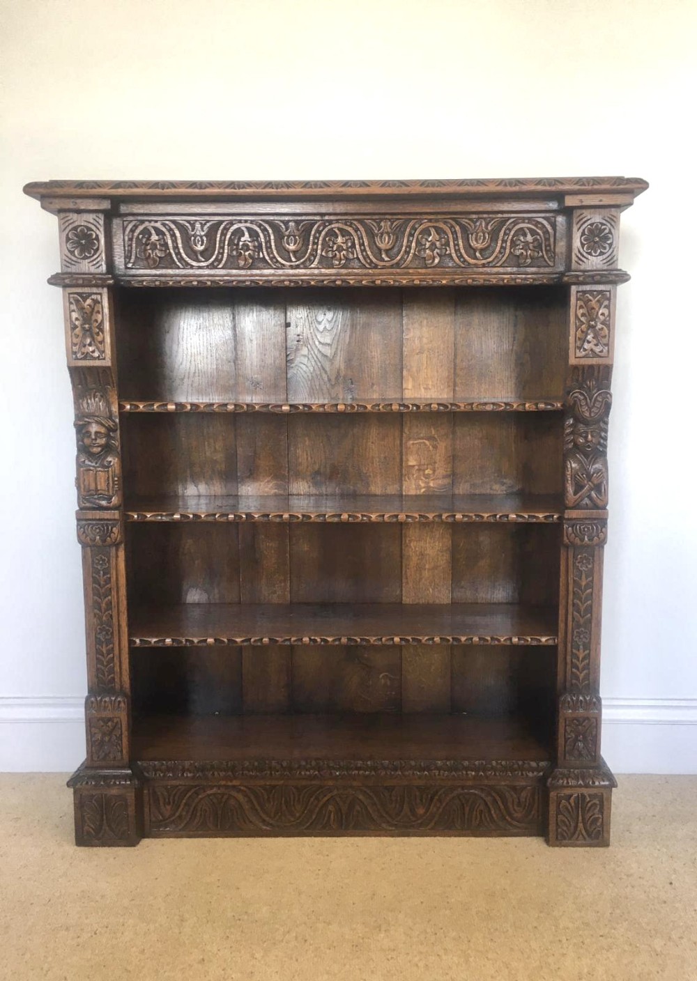Quality Carved Oak Antique Open Bookcase