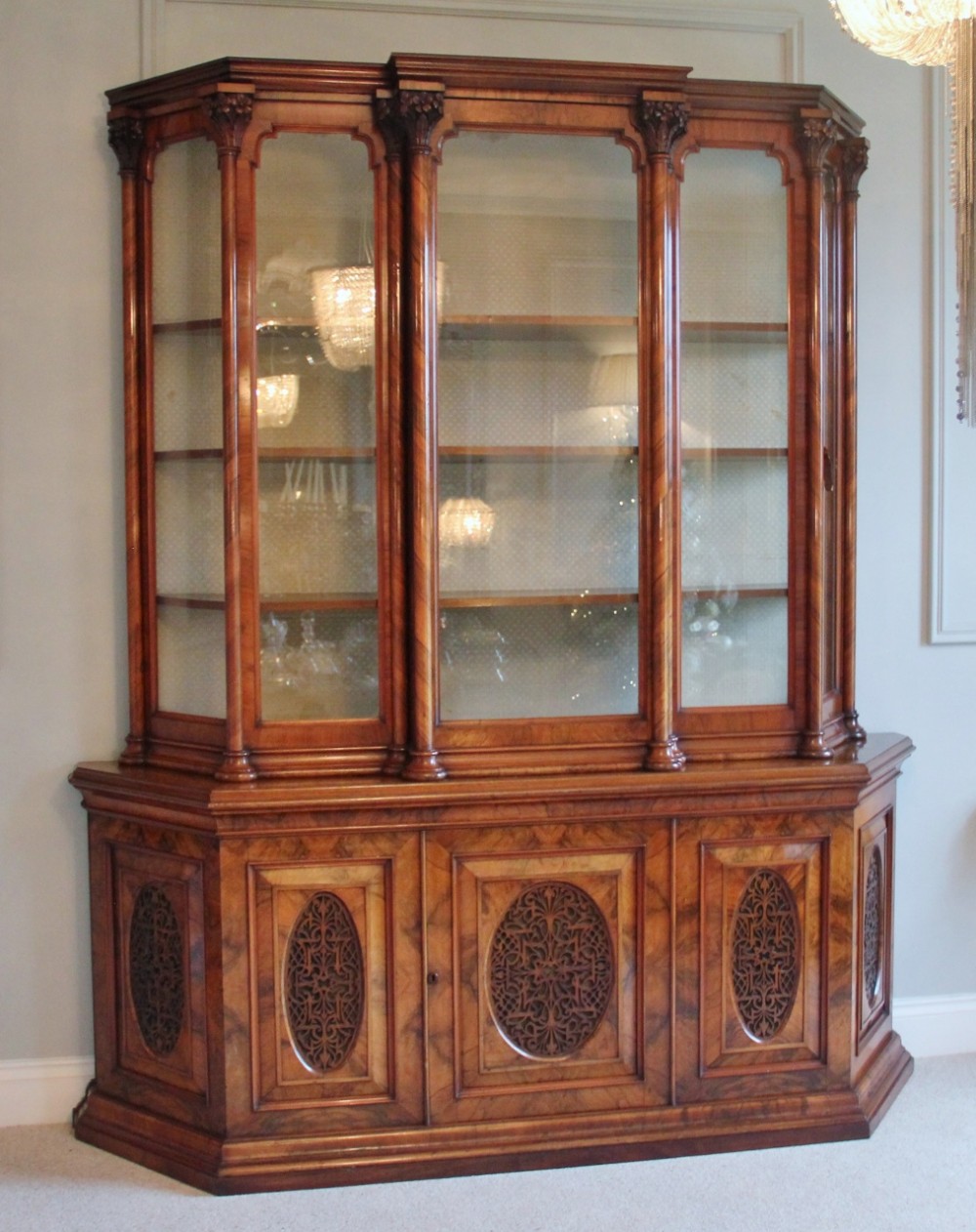 Magnificent Exhibition Quality Antique Victorian Burr Walnut Carved Breakfront Display Cabinet