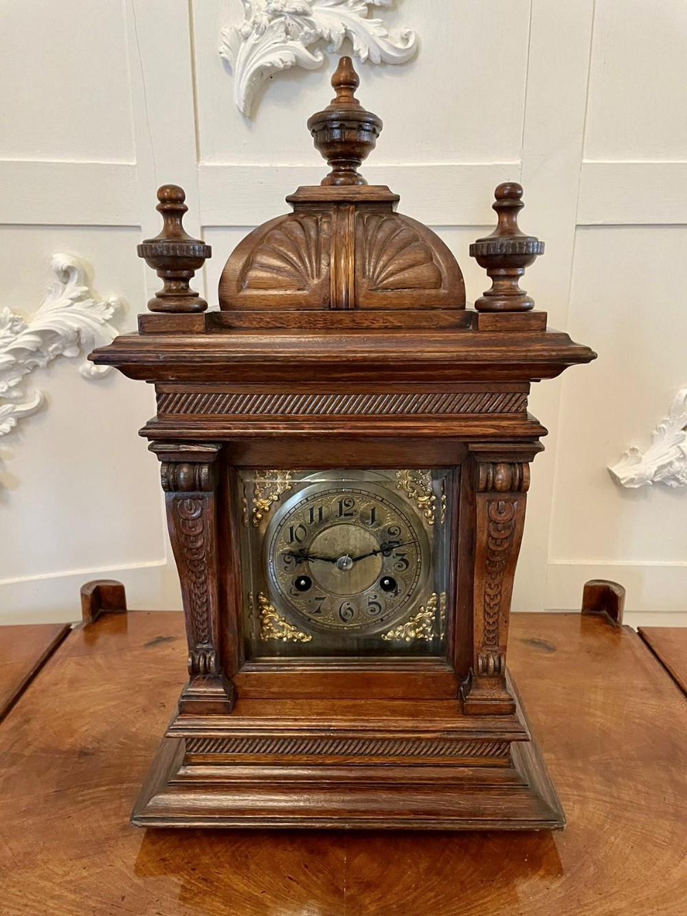 Large Antique Carved Walnut Brass Face Eight Day Bracket Clock
