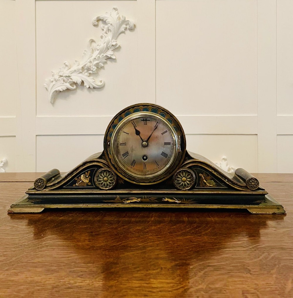 Antique Lacquered Chinoiserie Decorated Mantel Clock
