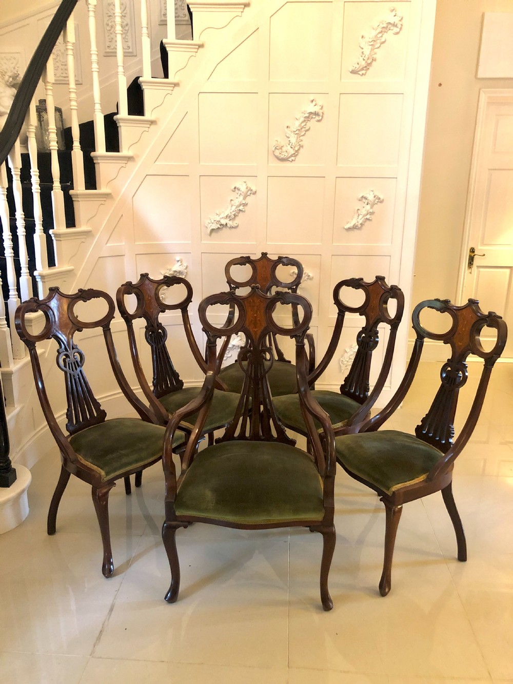 Unusual Set of Six Antique Mahogany Inlaid Dining Chairs
