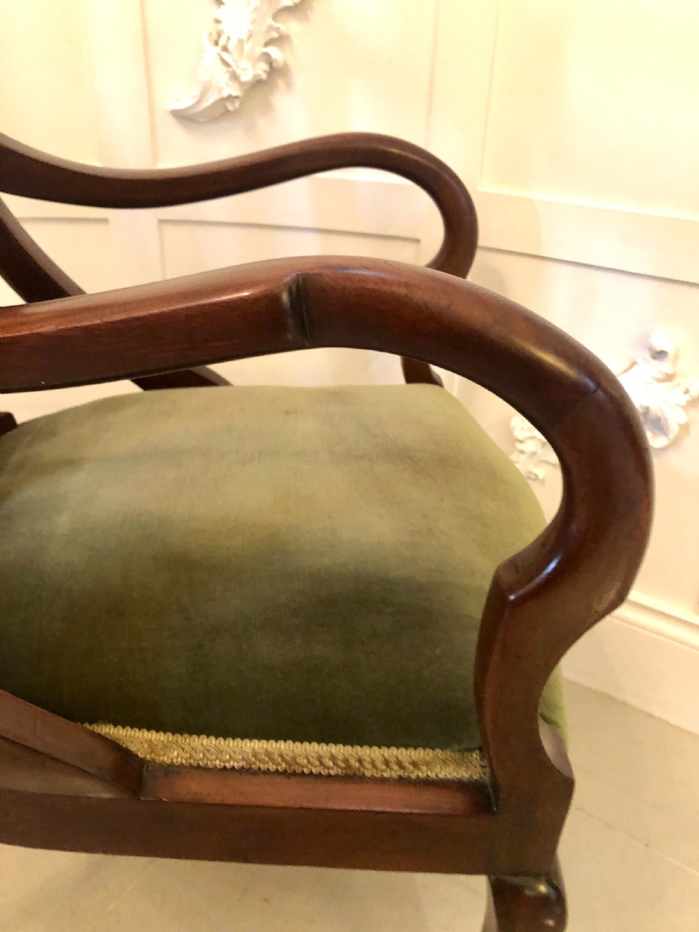 Unusual Set of Six Antique Mahogany Inlaid Dining Chairs
 View II