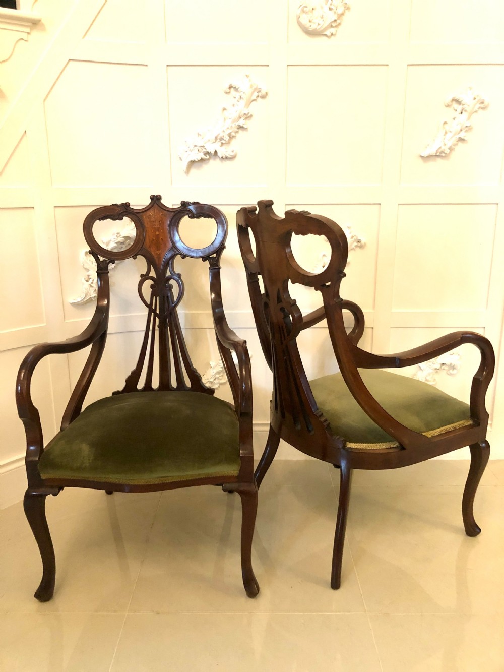 Unusual Set of Six Antique Mahogany Inlaid Dining Chairs
 View III