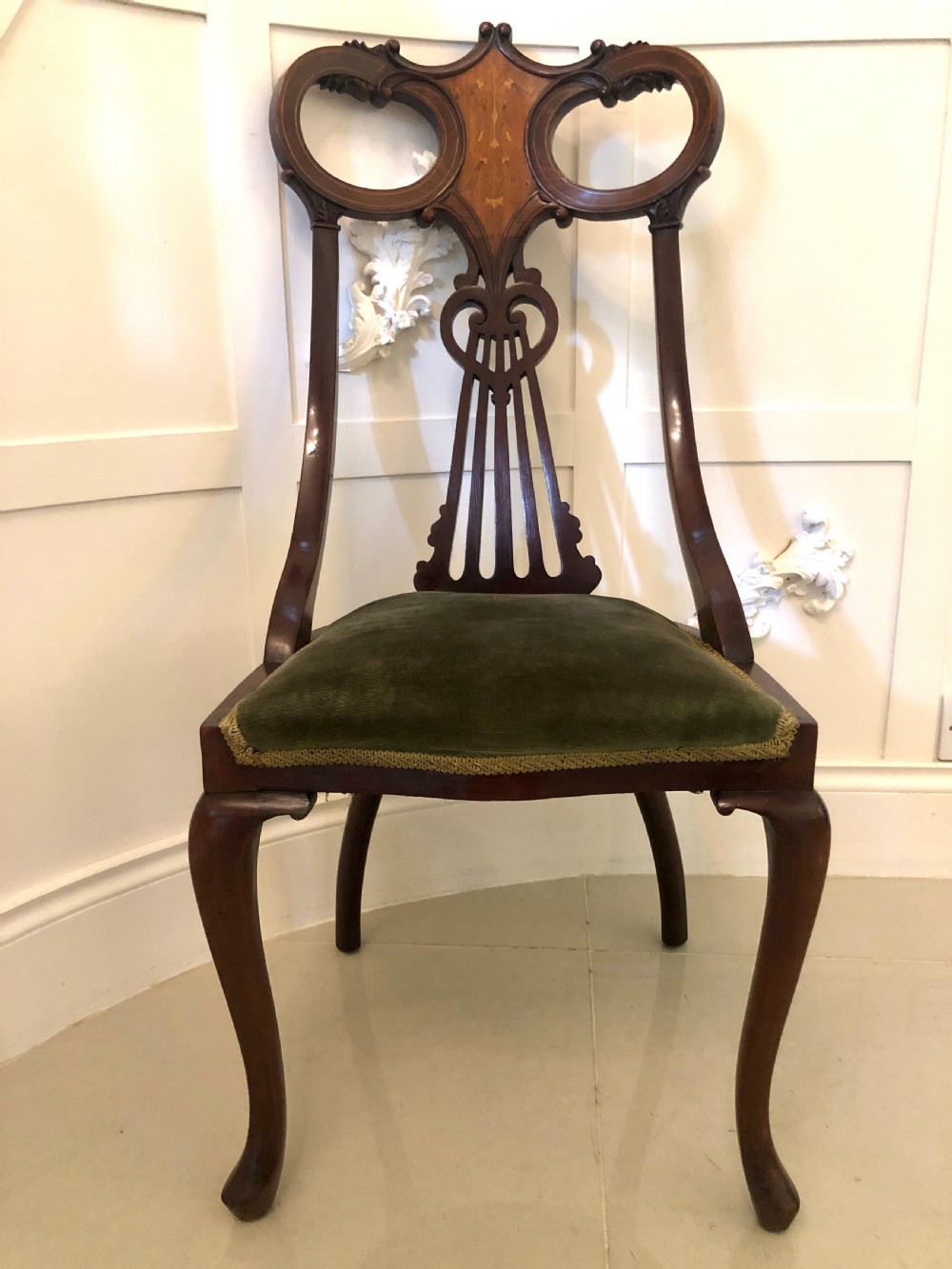 Unusual Set of Six Antique Mahogany Inlaid Dining Chairs
 View VIII
