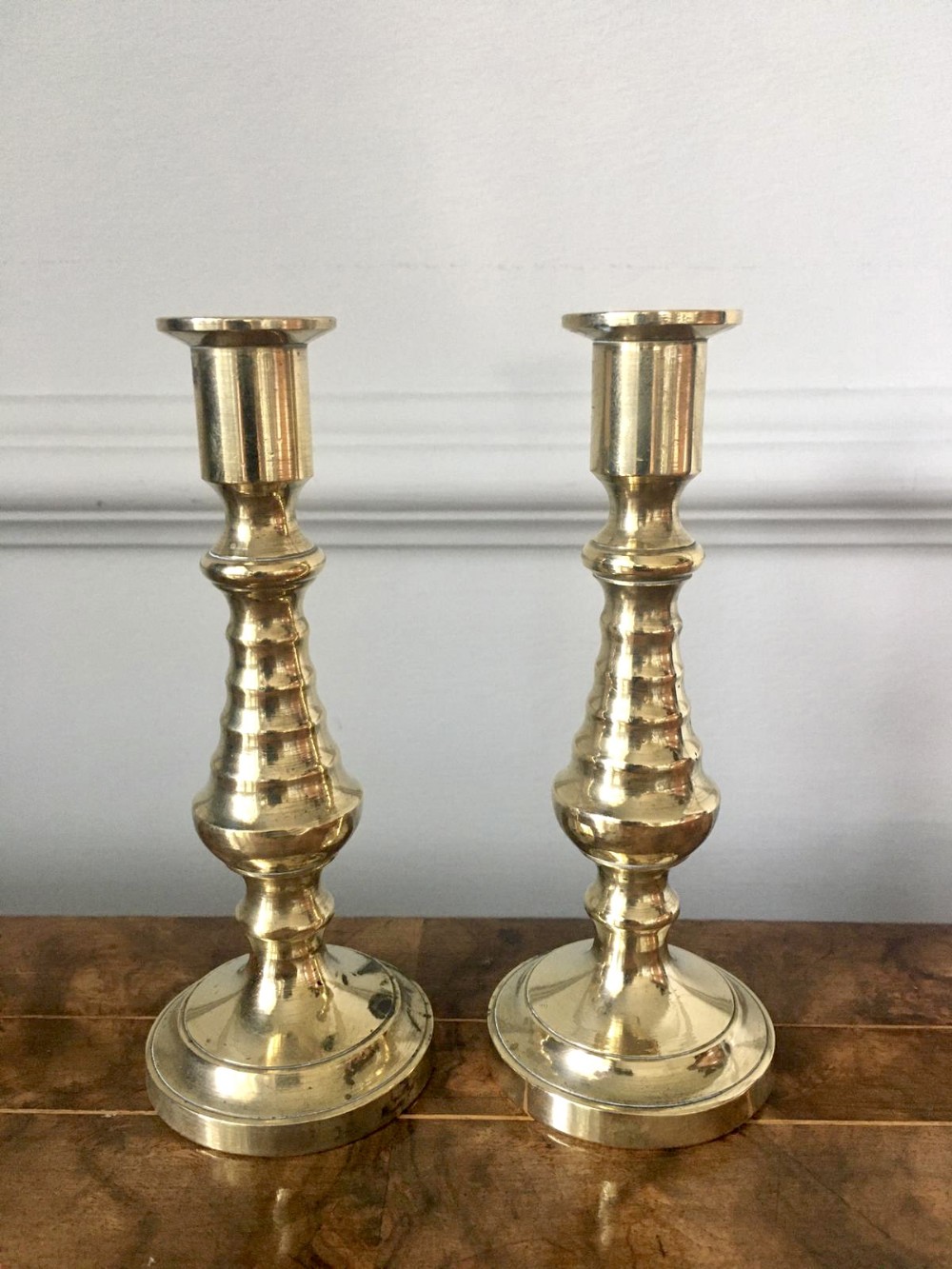 Small Antique Victorian Brass Candlesticks
