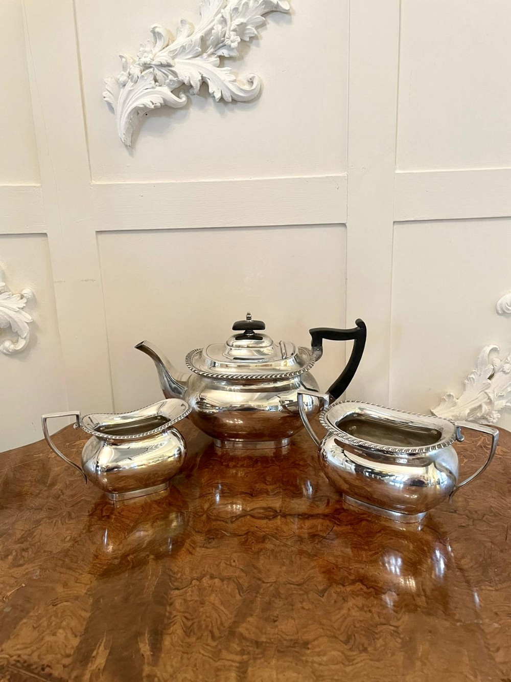  Antique Edwardian Three Piece Silver Plated Tea Set by Walker & Hall
