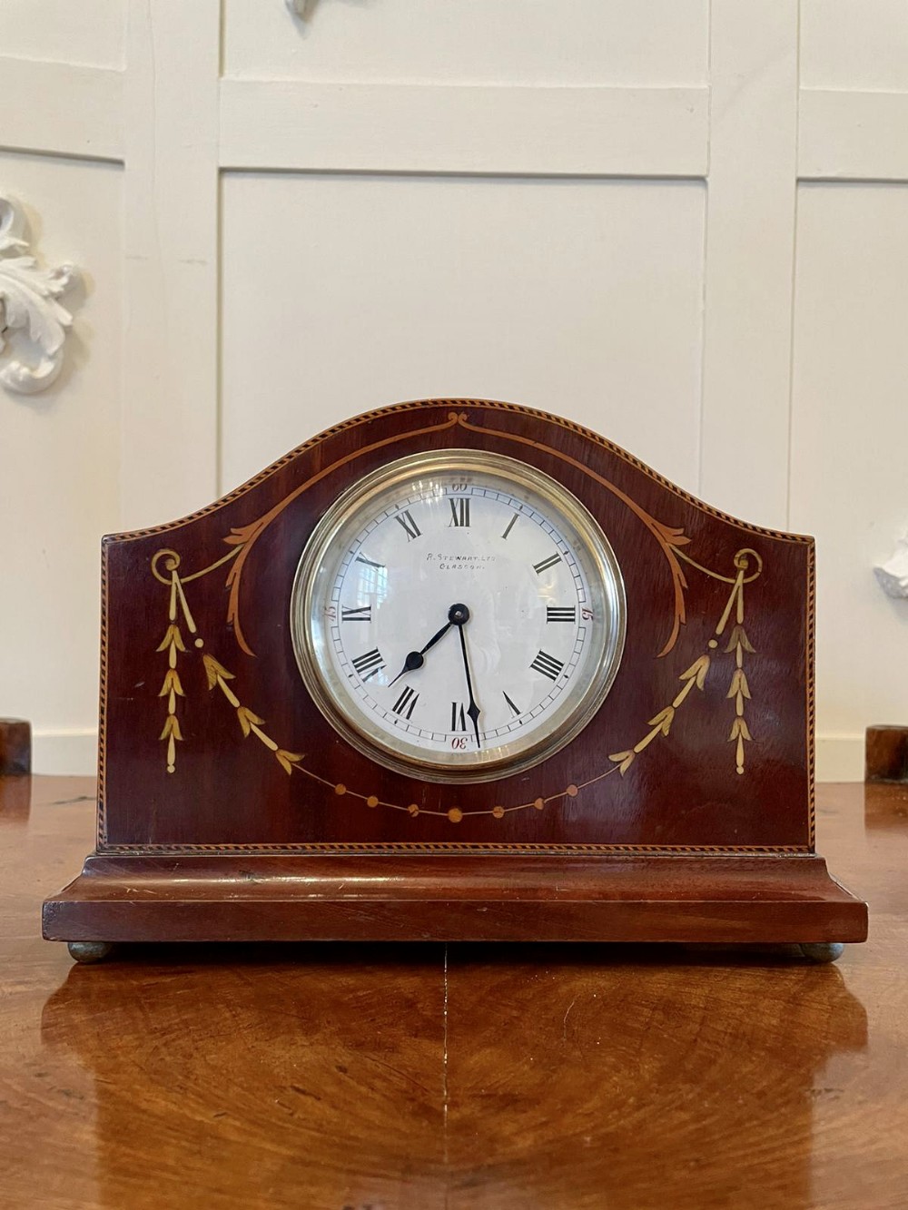 Quality Antique Inlaid Mahogany Eight Day Desktop Clock by R Stewart of Glasgow